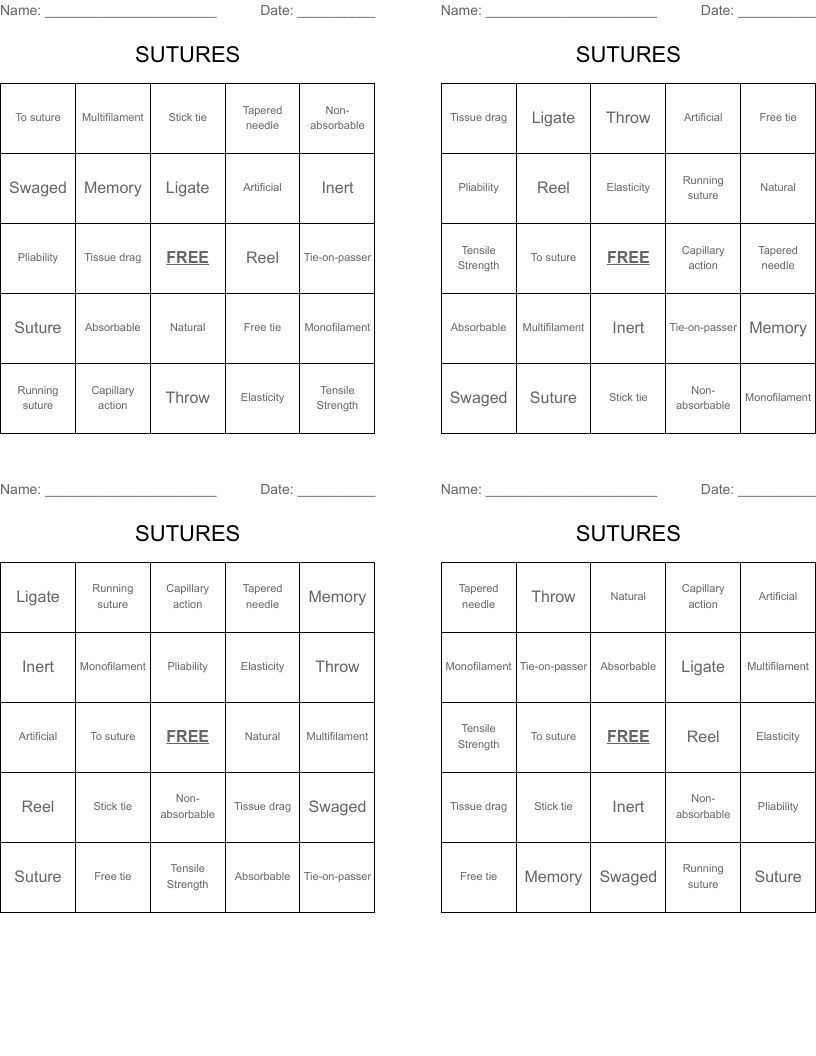 SUTURES Bingo Cards
