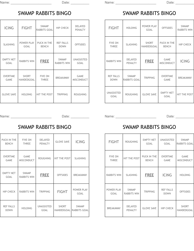 SWAMP RABBITS BINGO