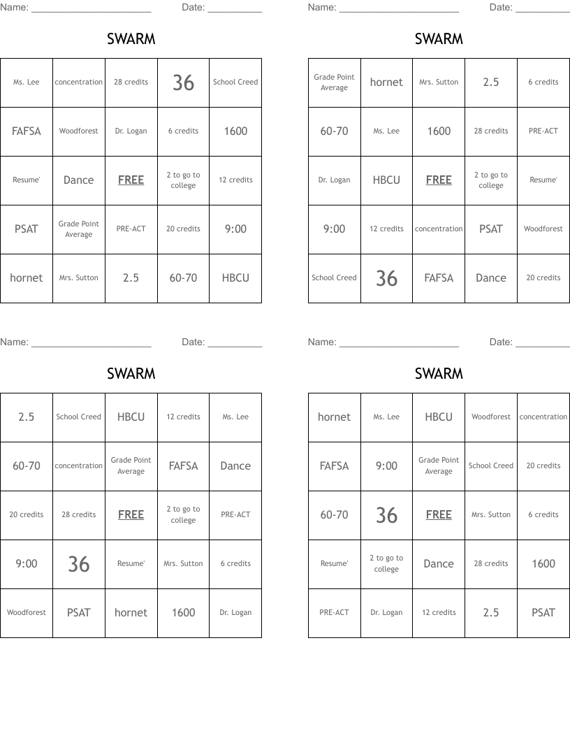 SWARM Bingo Cards
