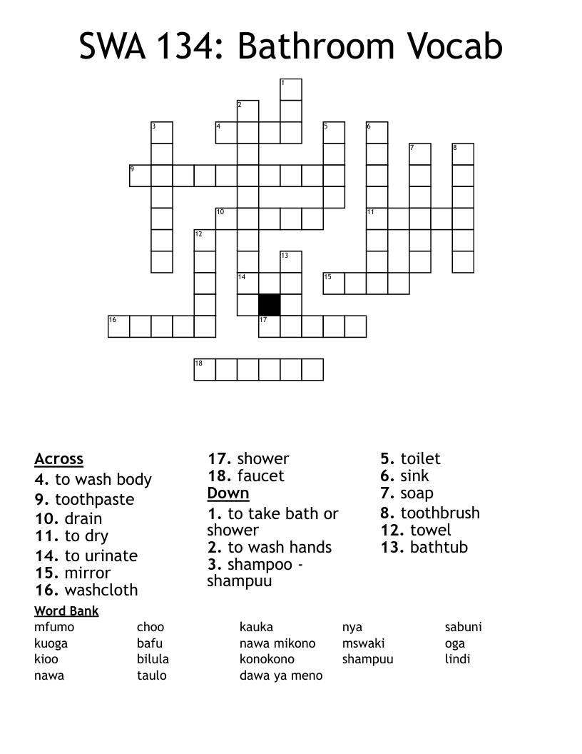 SWA 134: Bathroom Vocab Crossword