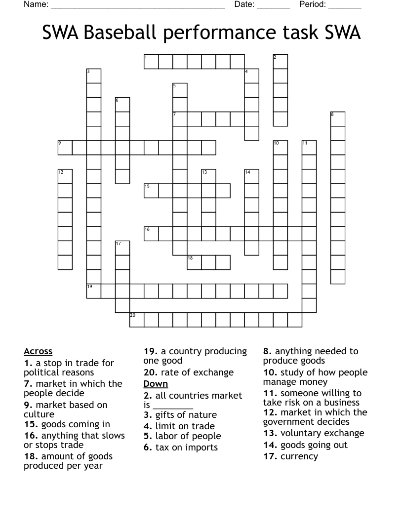 SWA Baseball performance task SWA Crossword