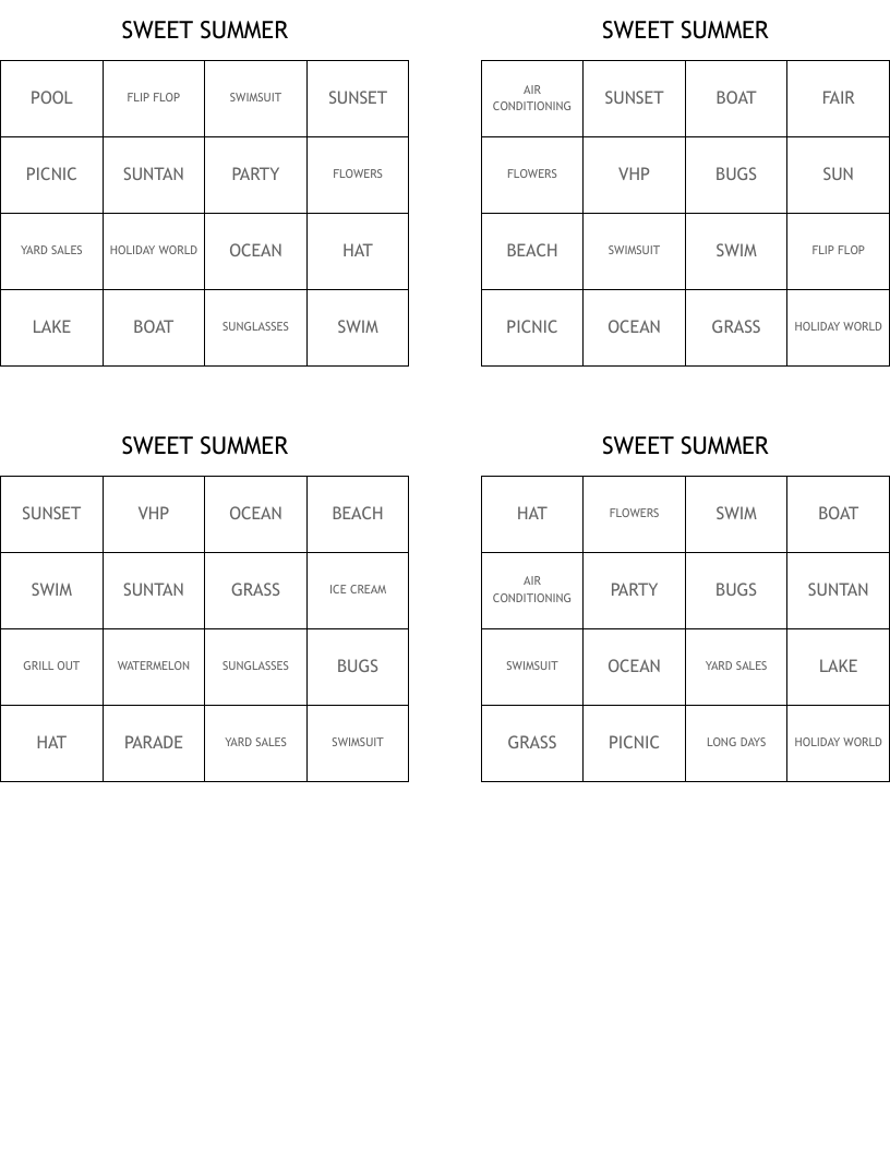 SWEET SUMMER Bingo Cards
