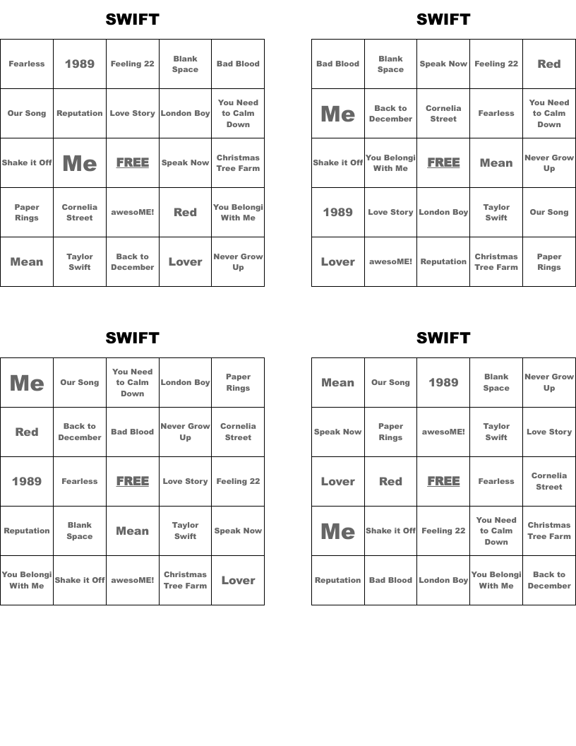 SWIFT Bingo Cards