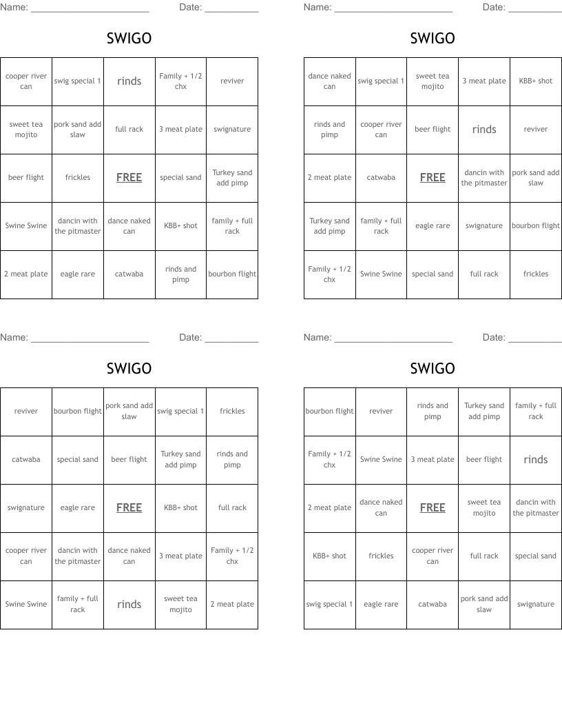 SWIGO Bingo Cards