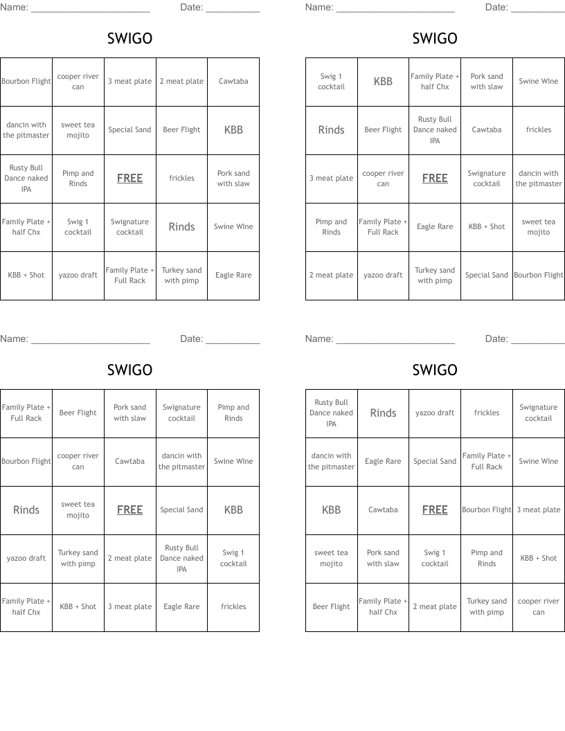 SWIGO Bingo Cards