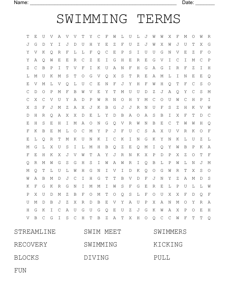 SWIMMING TERMS Word Search