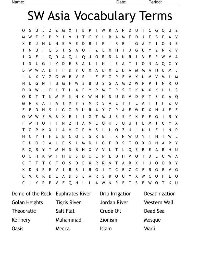 SW Asia Vocabulary Terms Word Search