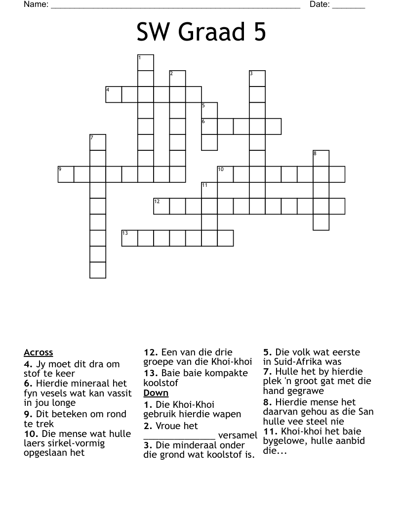 SW Graad 5 Crossword