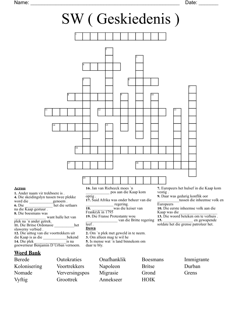SW ( Geskiedenis ) Crossword
