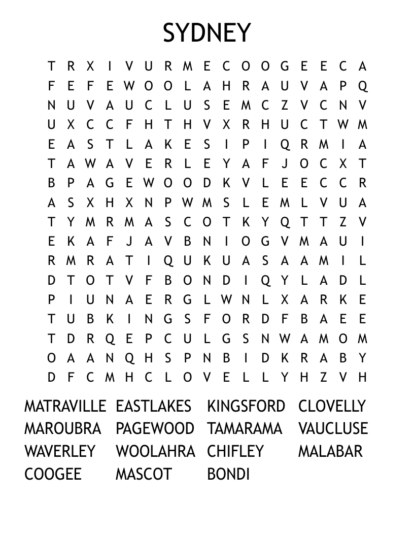 SYDNEY Word Search