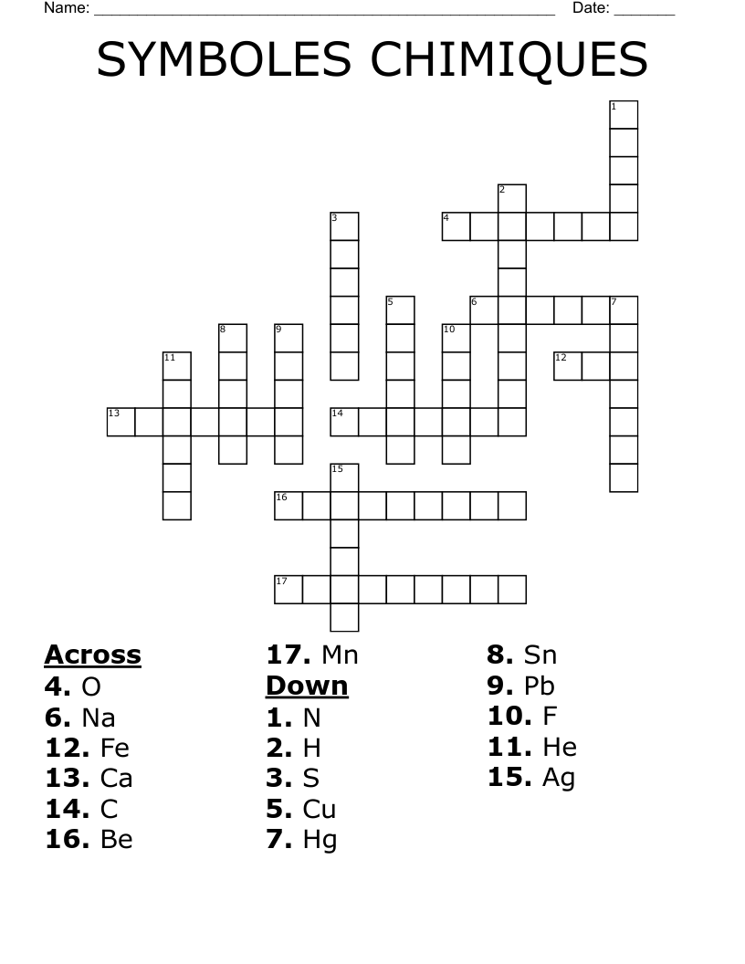 SYMBOLES CHIMIQUES Crossword