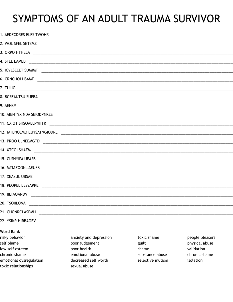 SYMPTOMS OF AN ADULT TRAUMA SURVIVOR Word Scramble
