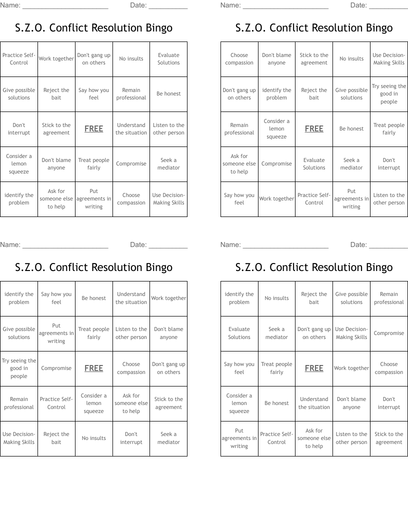 S.Z.O. Conflict Resolution Bingo