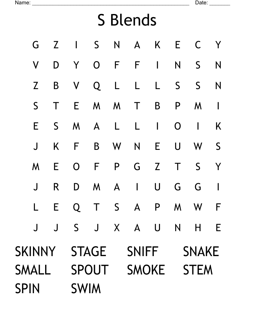S Blends Word Search