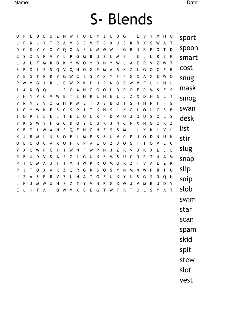 S- Blends Word Search