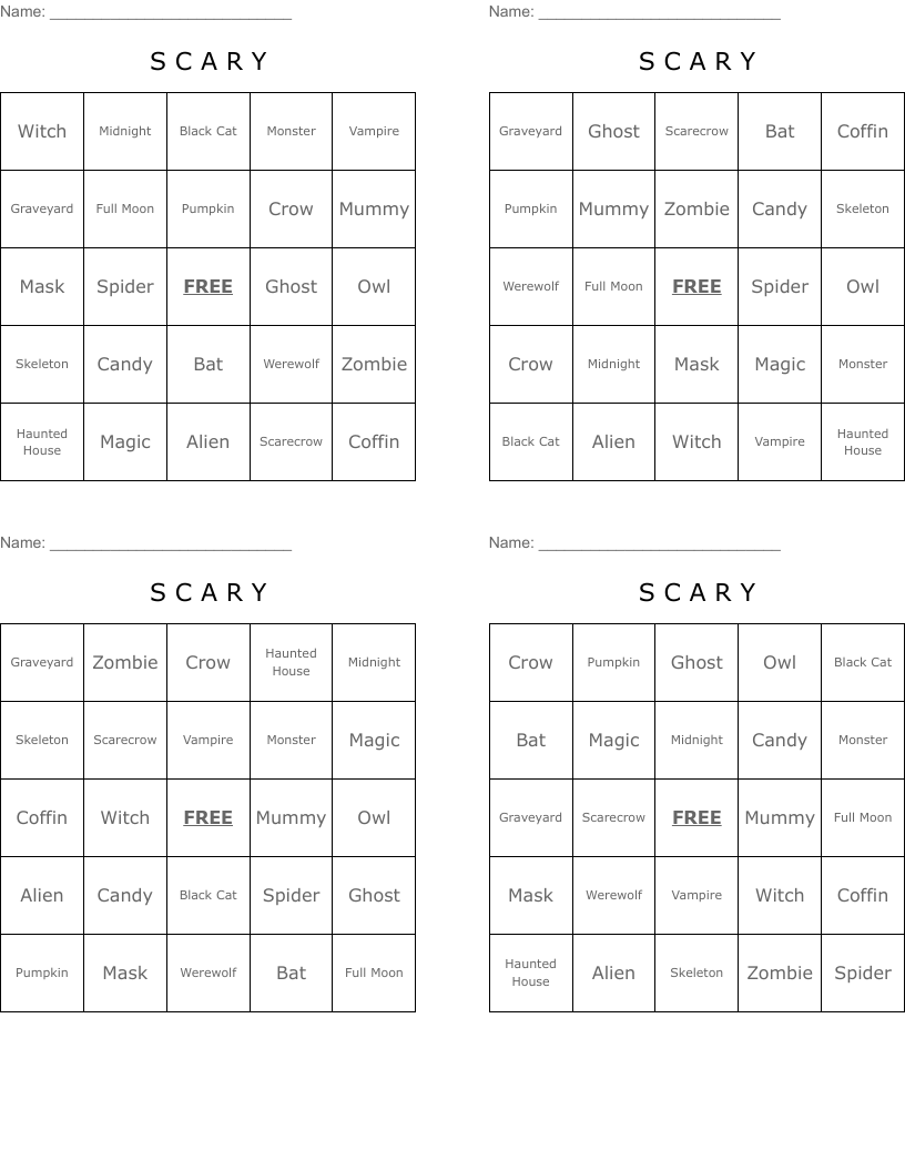 S C A R Y Bingo Cards