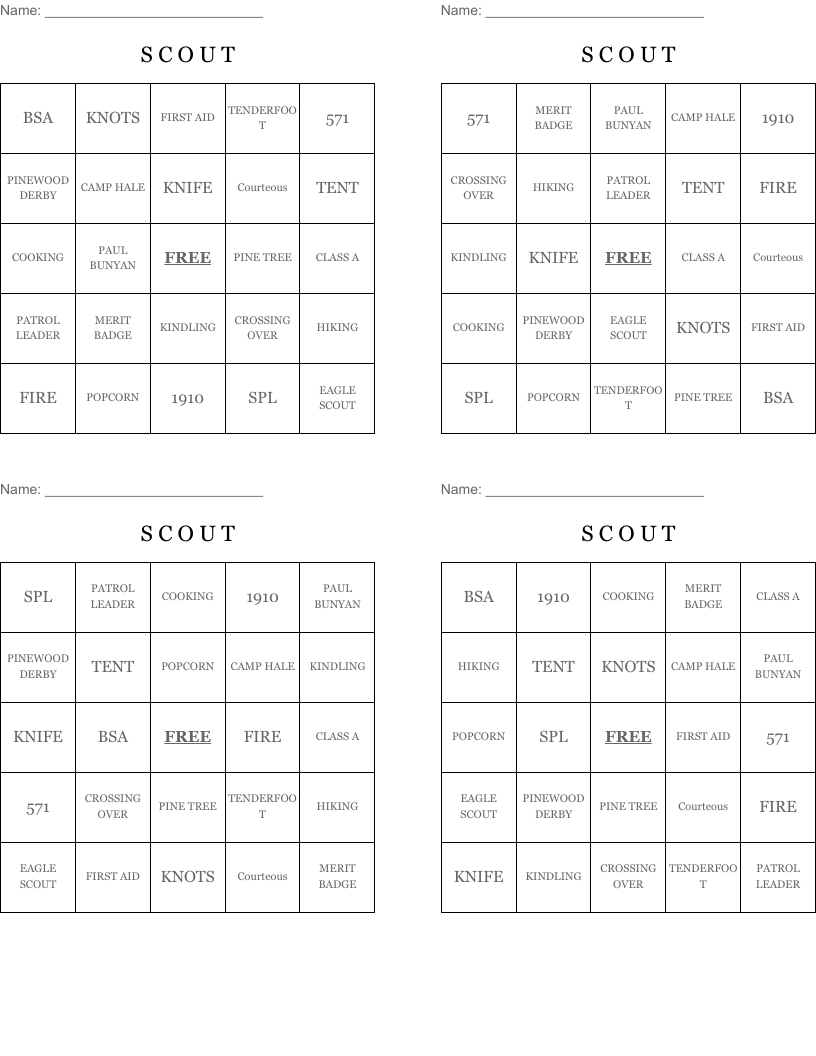 S C O U T Bingo Cards