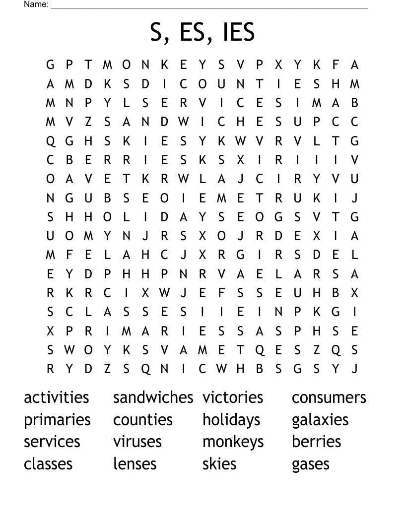S, ES, IES Word Search