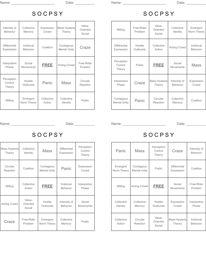 S O C P S Y Bingo Cards