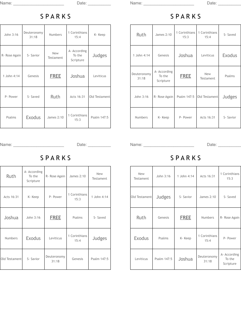 S P A R K S Bingo Cards