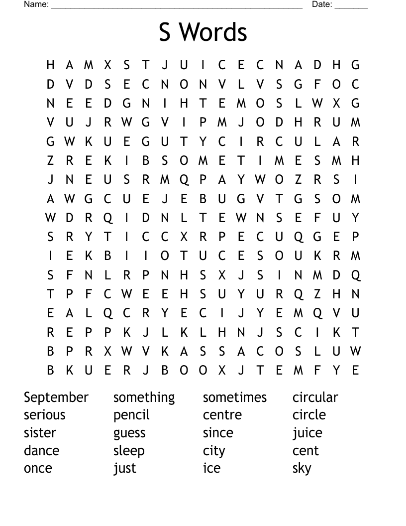 S Words Word Search