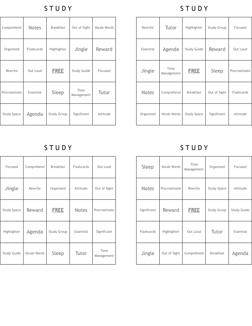S     T        U       D      Y    Bingo Cards