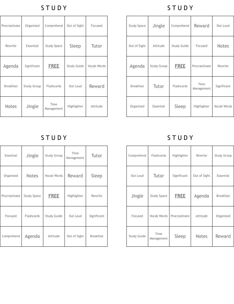 S     T        U       D      Y     Bingo Cards