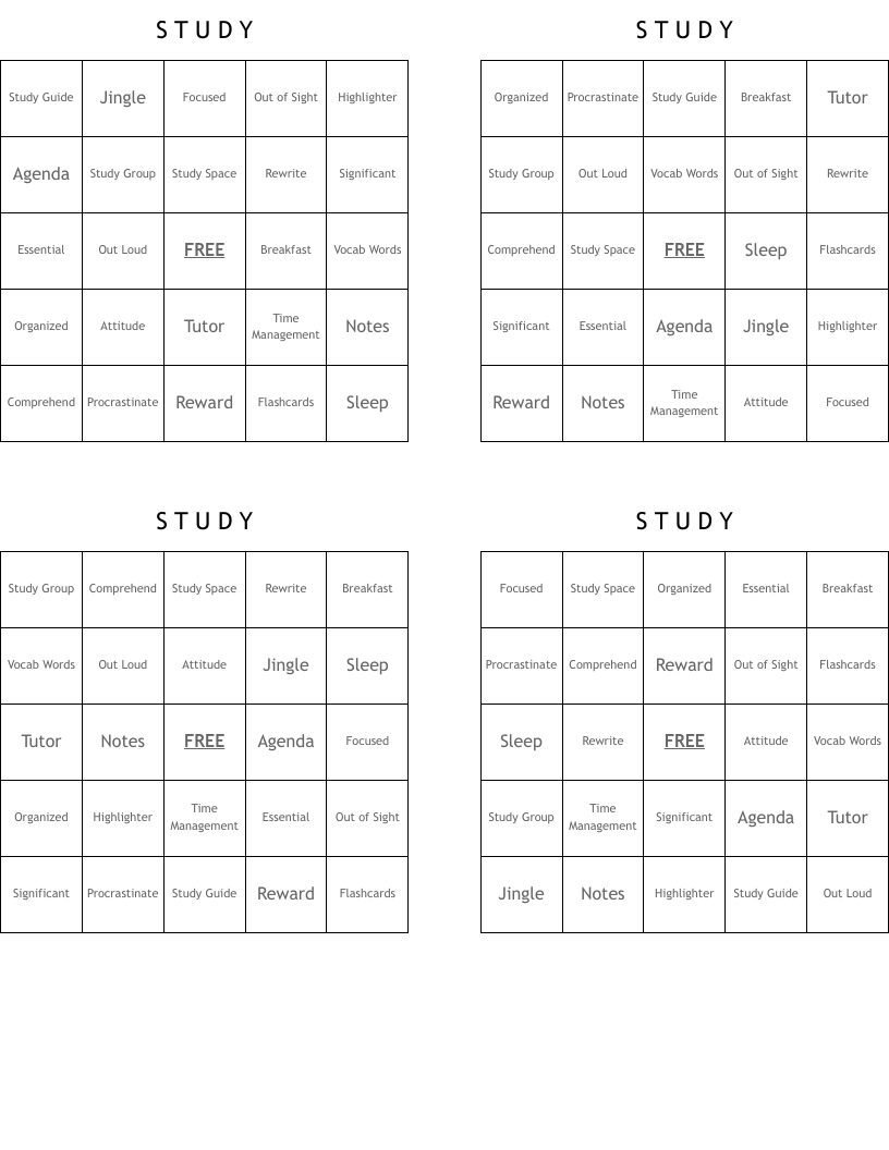 S     T        U       D      Y     Bingo Cards