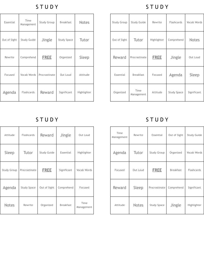 S     T        U       D      Y     Bingo Cards