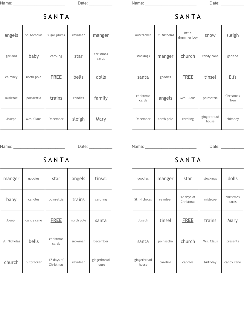 S      A      N      T       A  Bingo Cards
