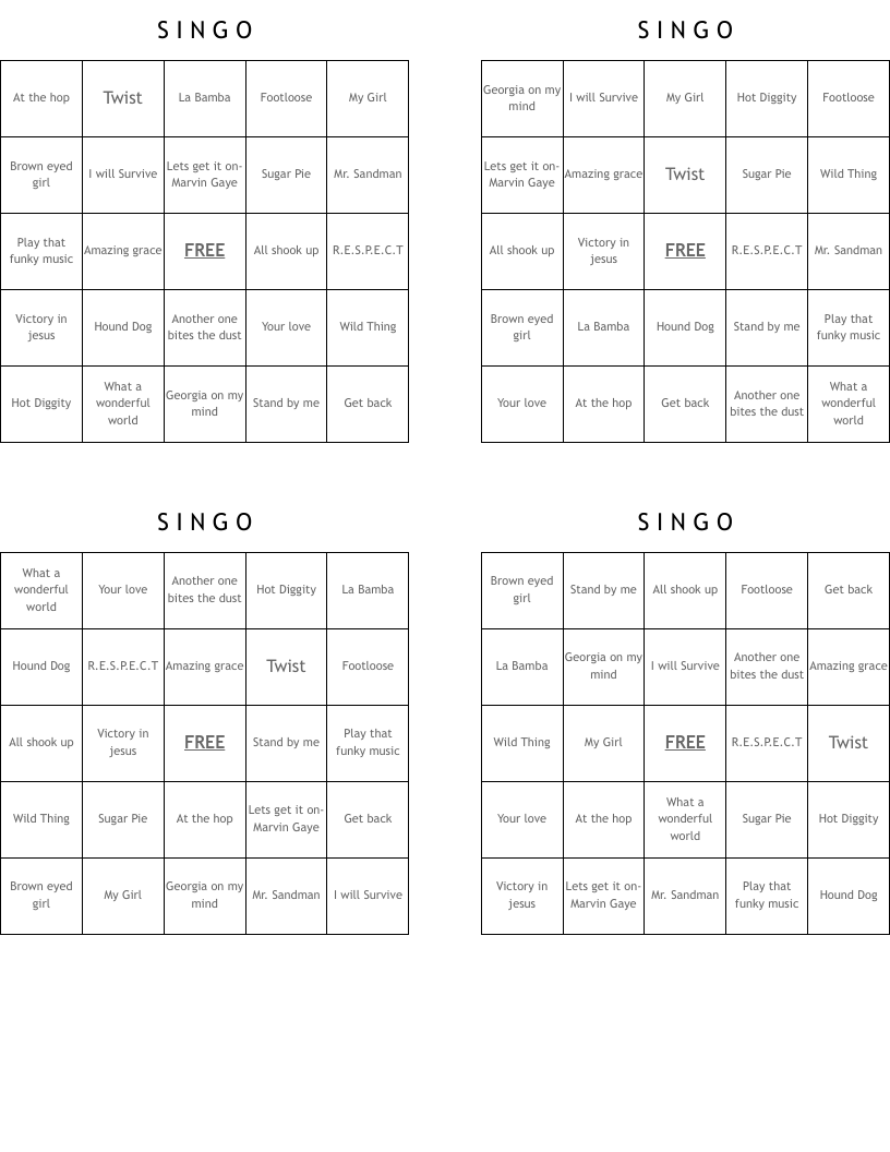 S      I      N      G      O Bingo Cards