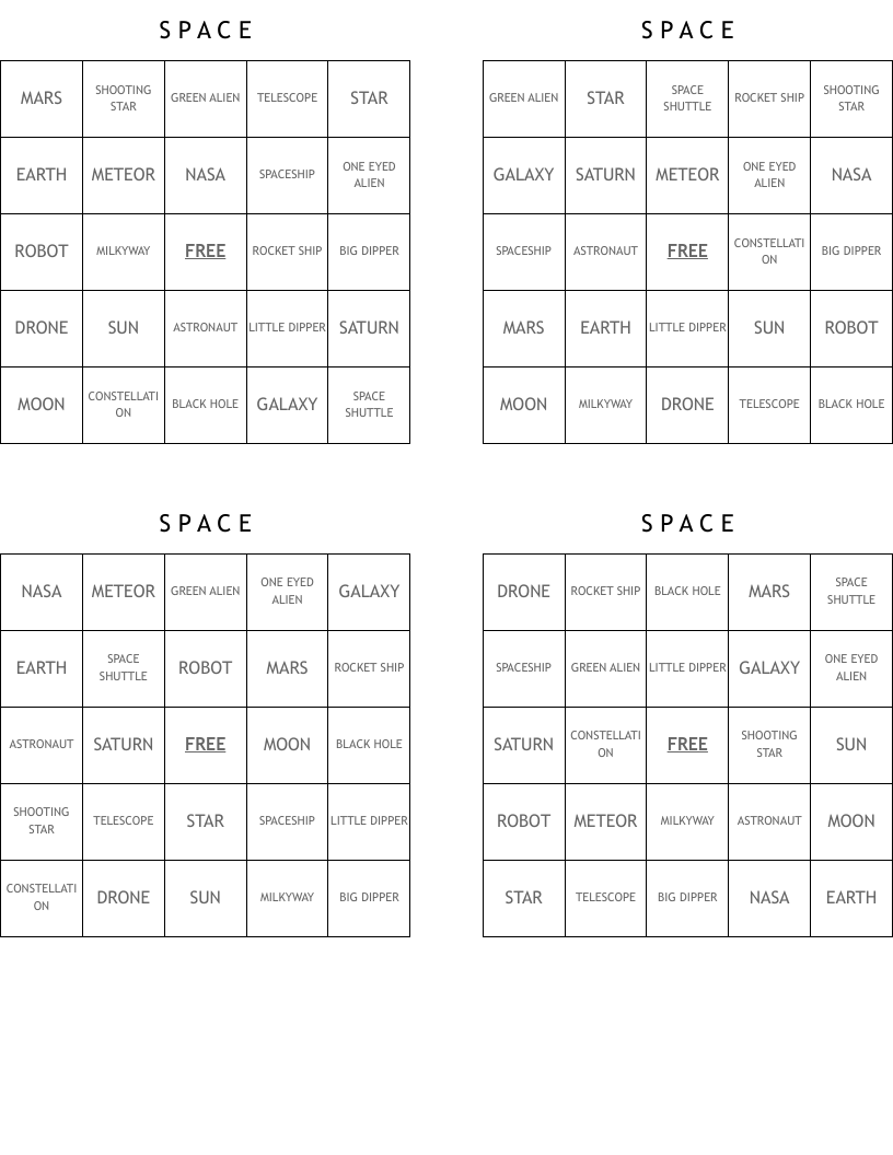 S      P      A     C    E Bingo Cards