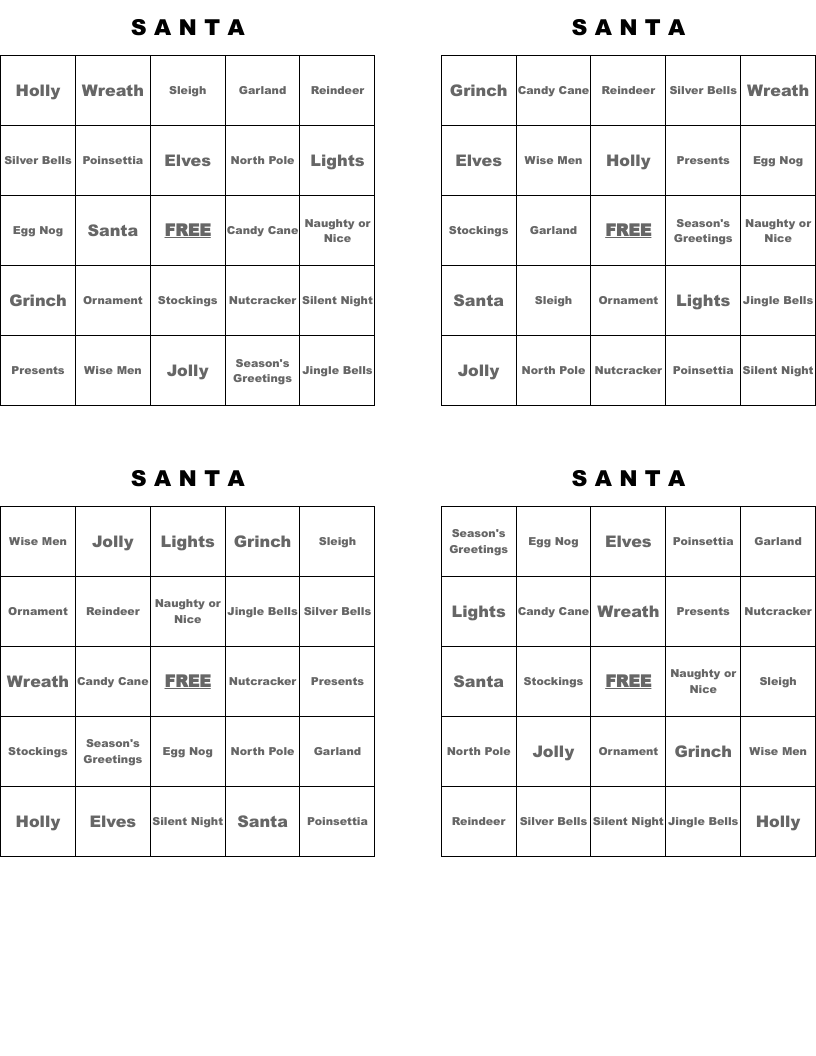 S            A           N           T              A Bingo Cards