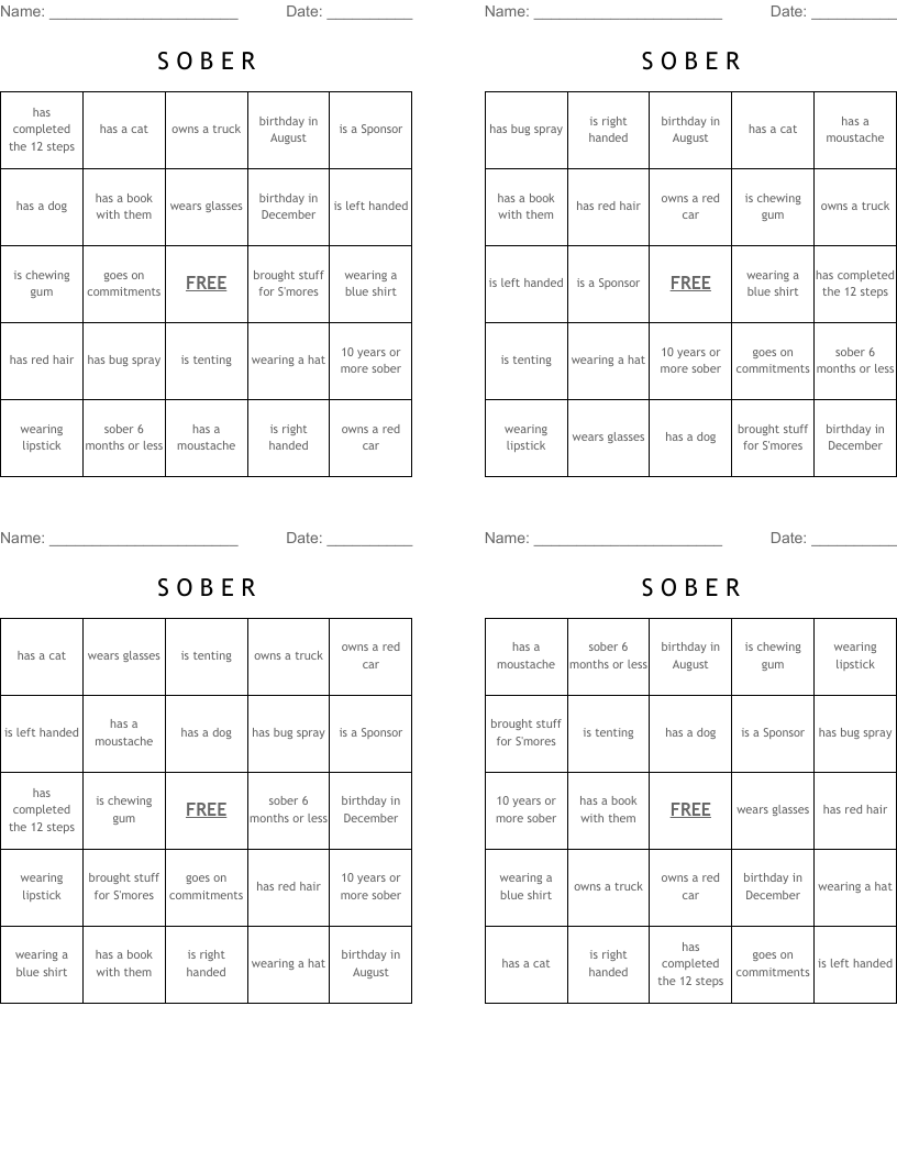 S                            O                                   B                E          R Bingo Cards