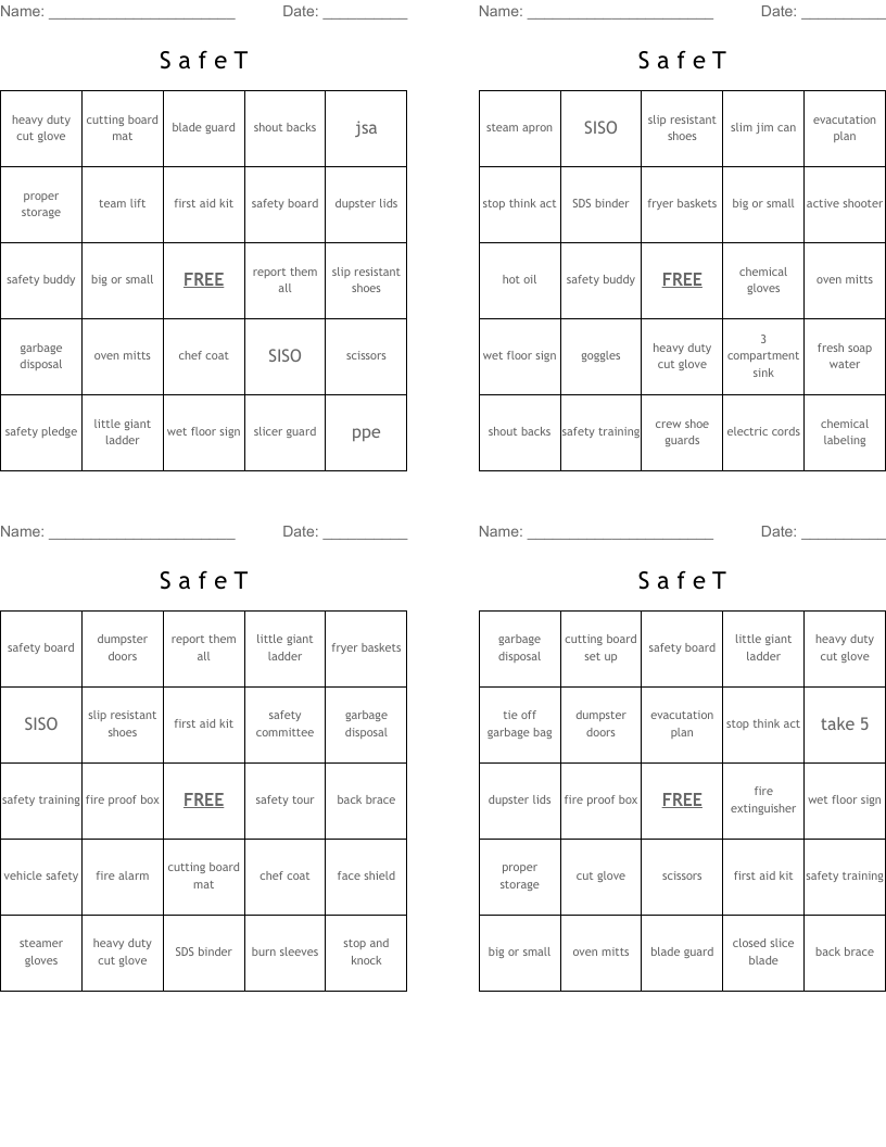 S                             a                                   f                                 e                              T Bingo Cards