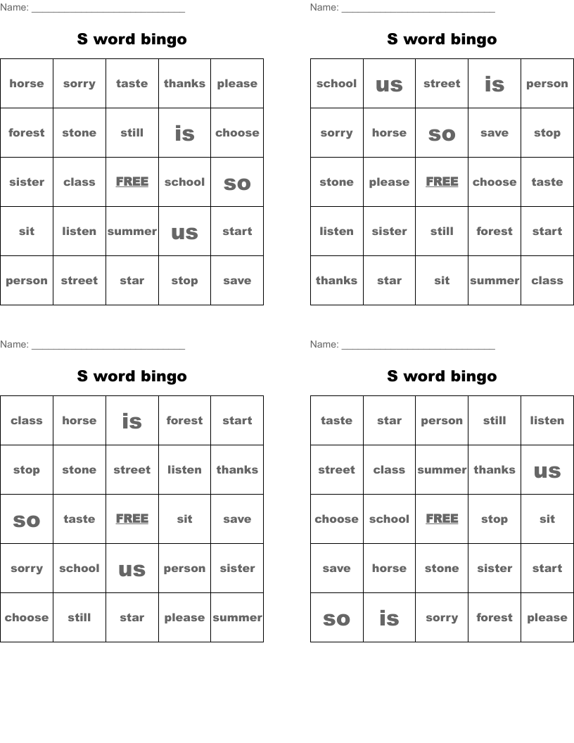 S word bingo