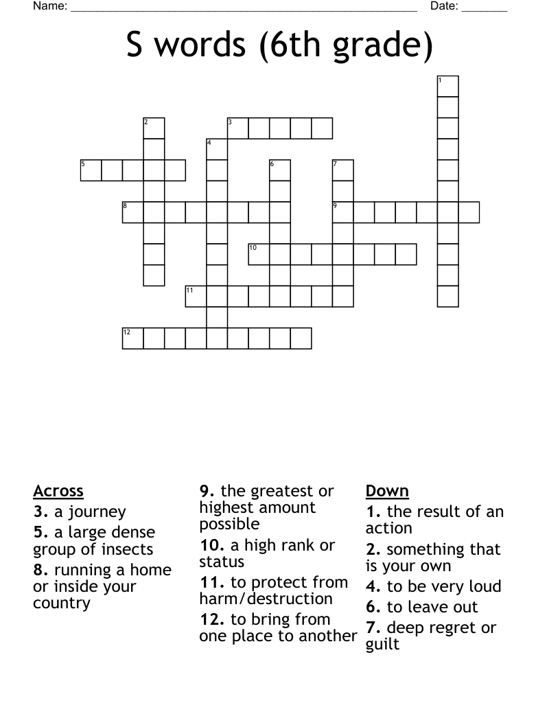 S words (6th grade) Crossword