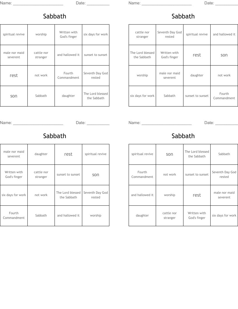 Sabbath Bingo Cards