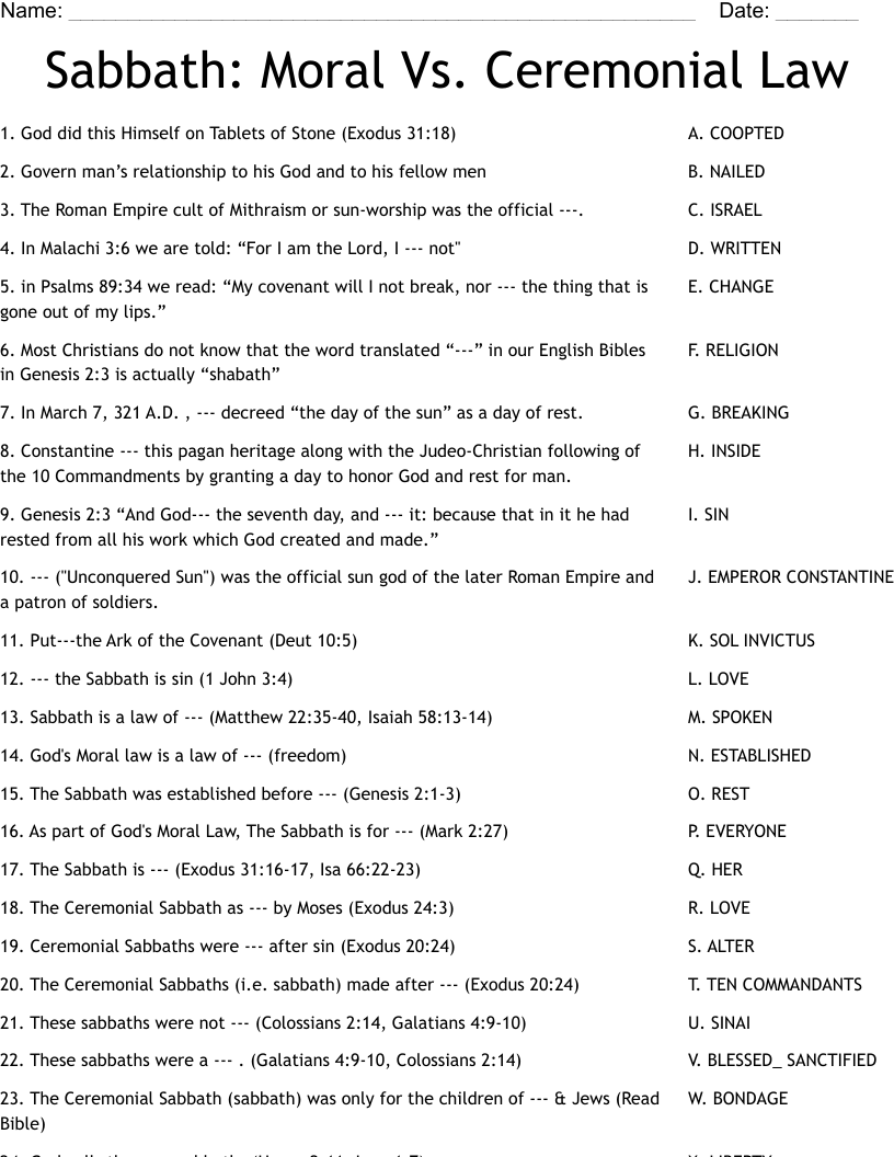 Sabbath: Moral Vs. Ceremonial Law Worksheet