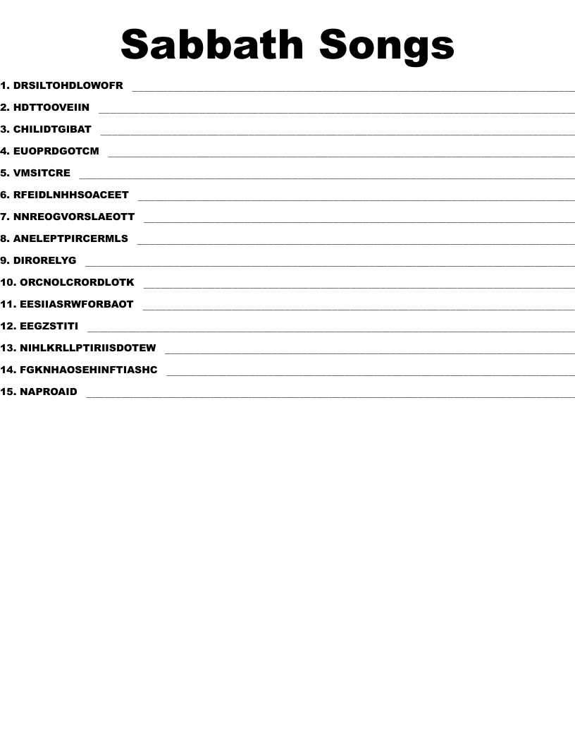 Sabbath Songs Word Scramble