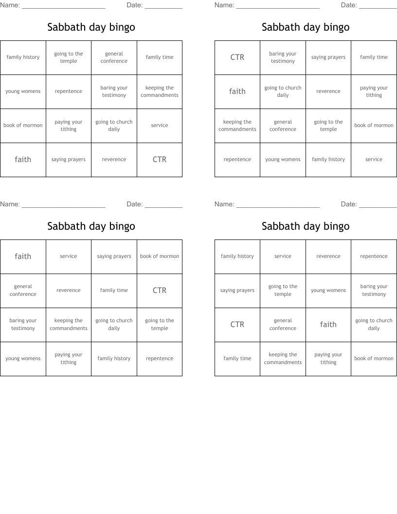 Sabbath day bingo