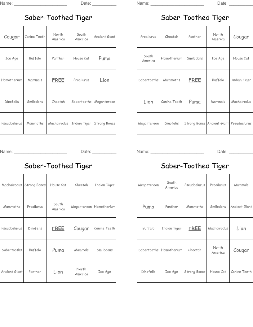 Saber-Toothed Tiger Bingo Cards
