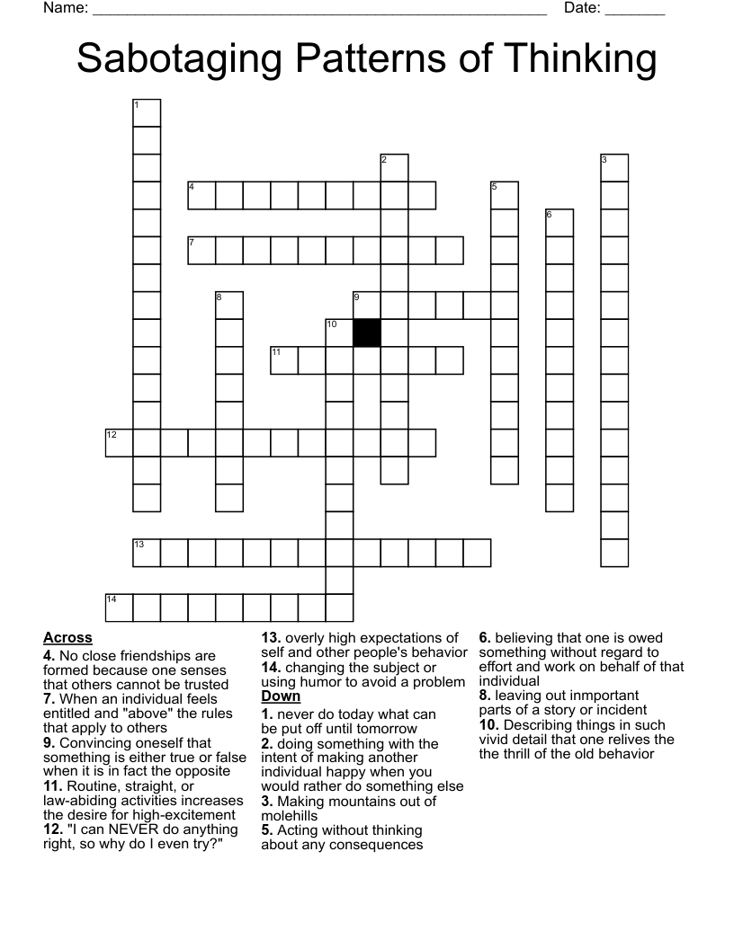 Sabotaging Patterns of Thinking Crossword