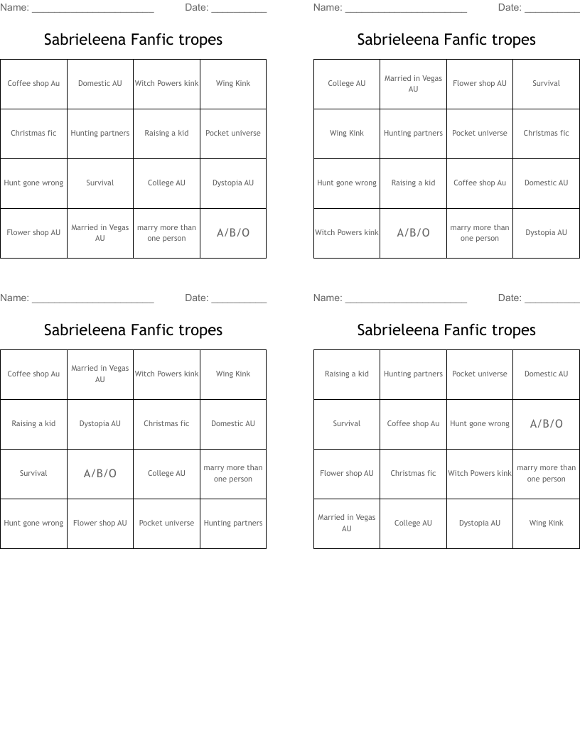 Sabrieleena Fanfic tropes  Bingo Cards