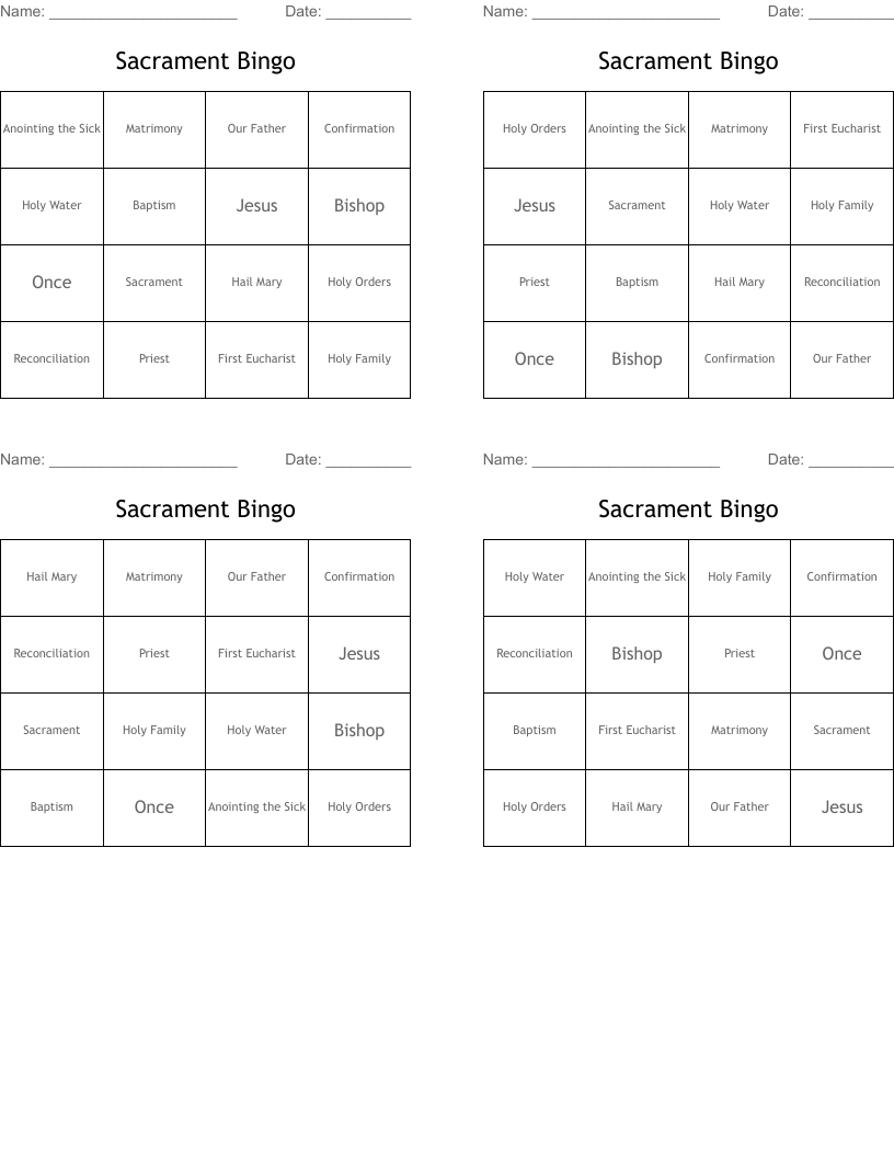 Sacrament Bingo
