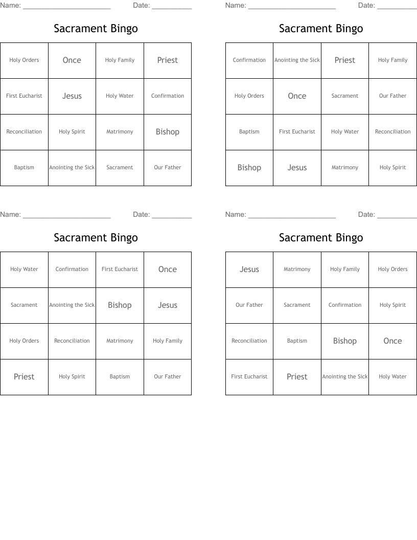 Sacrament Bingo