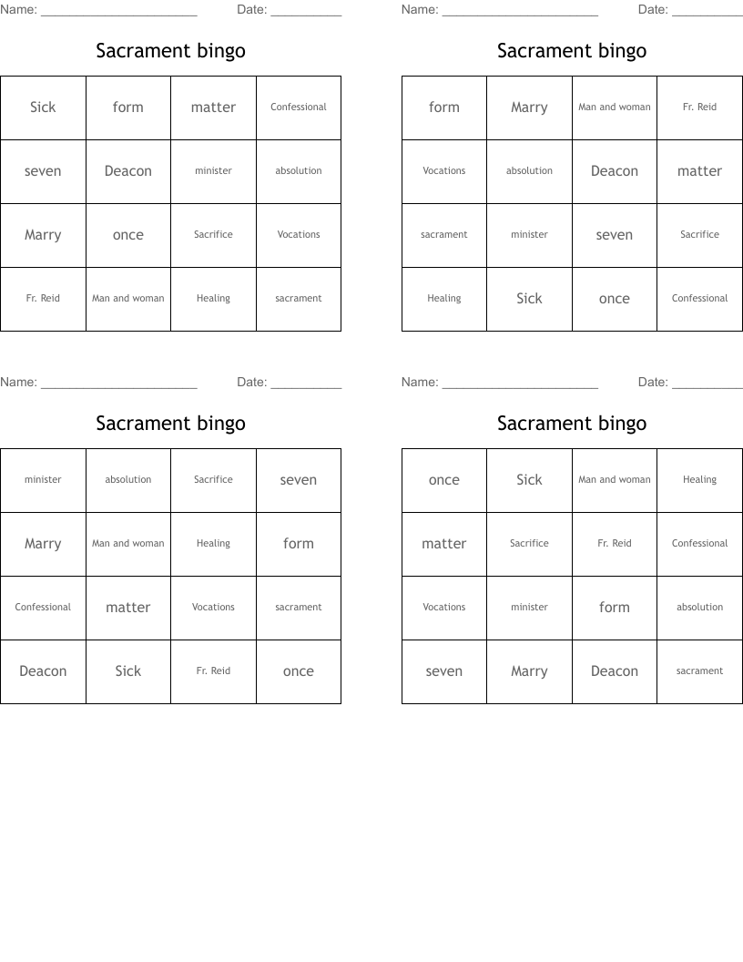 Sacrament bingo