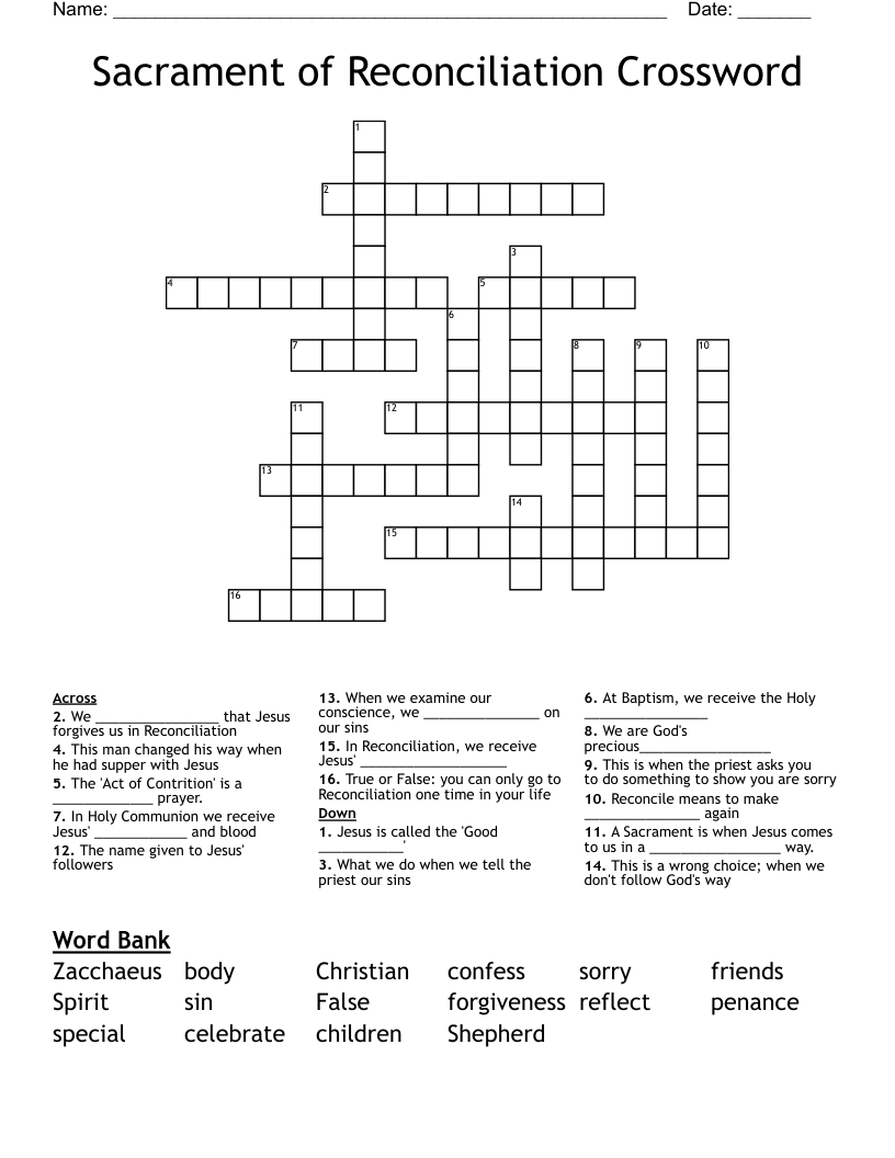 Sacrament of Reconciliation Crossword