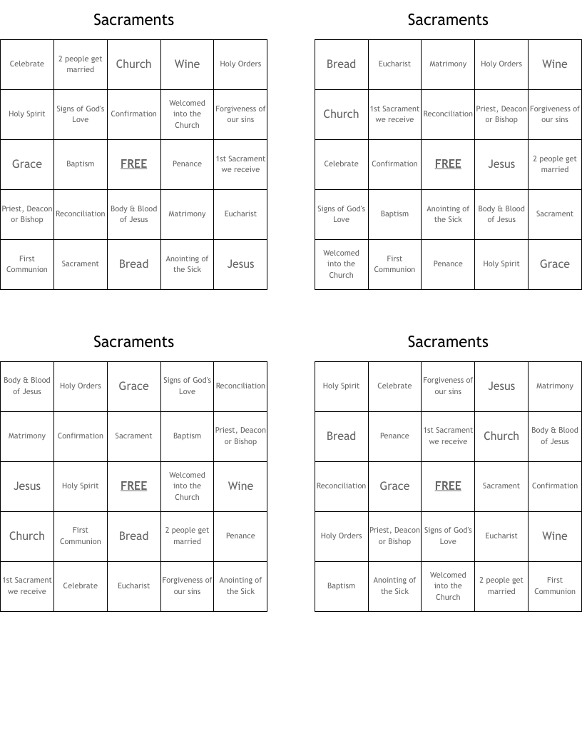Sacraments Bingo Cards