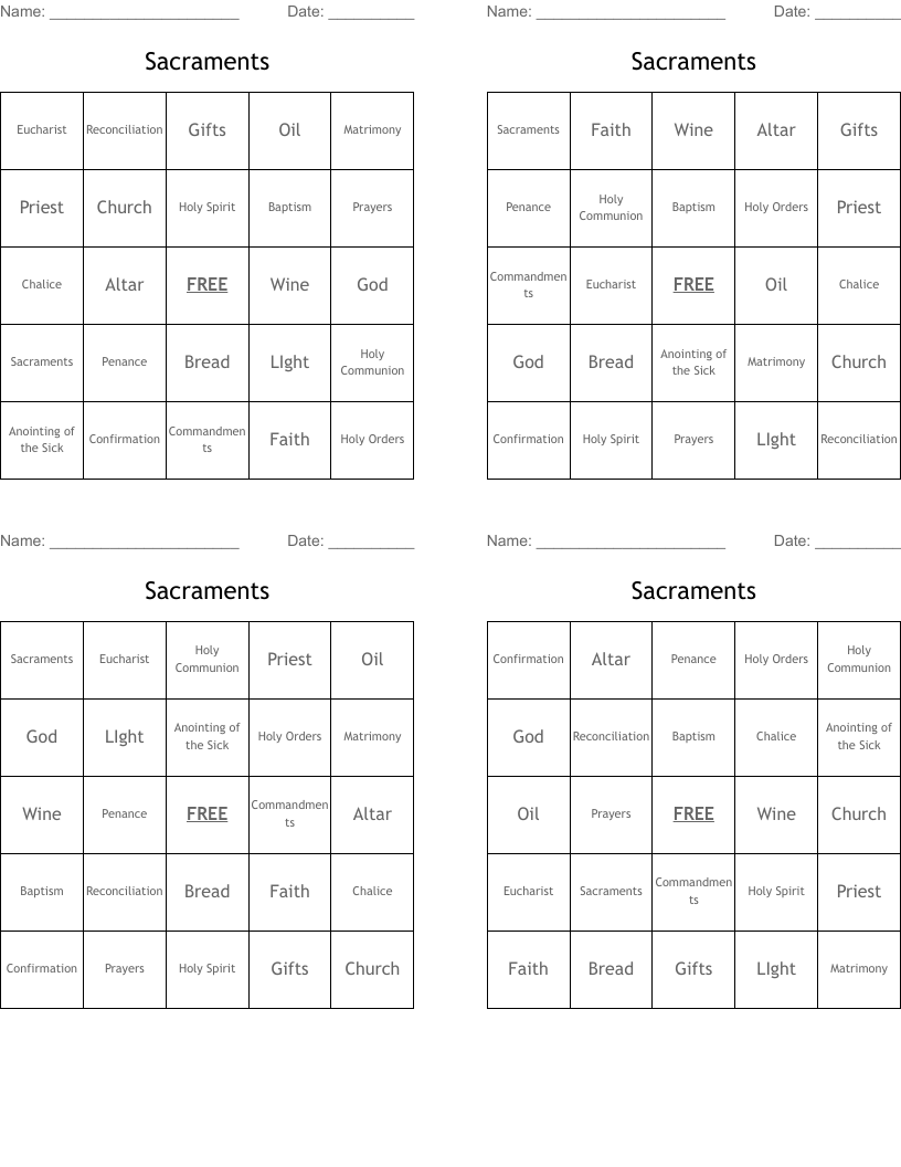 Sacraments Bingo Cards